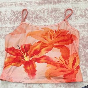 Women’s Floral Print Spaghetti Strap Tank Top - Peach/Orange